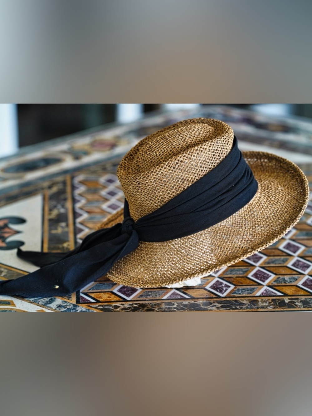 Betmar New York Straw Boater Hat - Black Sash Tie - Fair Condition